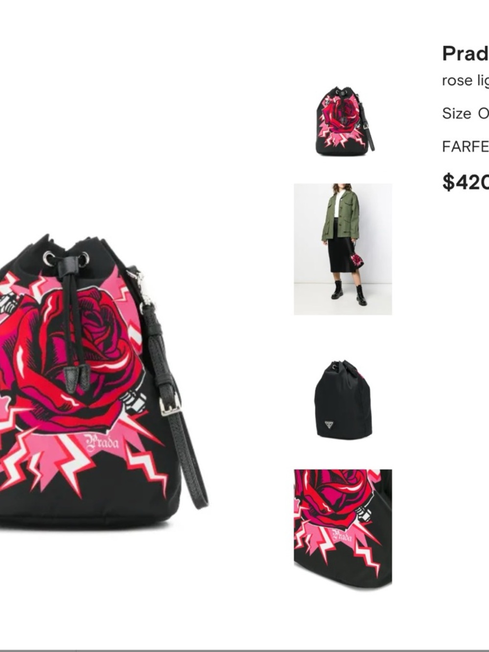 Prada Black with Pink & Red Rose Drawstring Bucket Bag